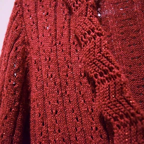 Red Shimmery Knit Ruffle Cropped V-neck Cardigan - Picture 2 of 3